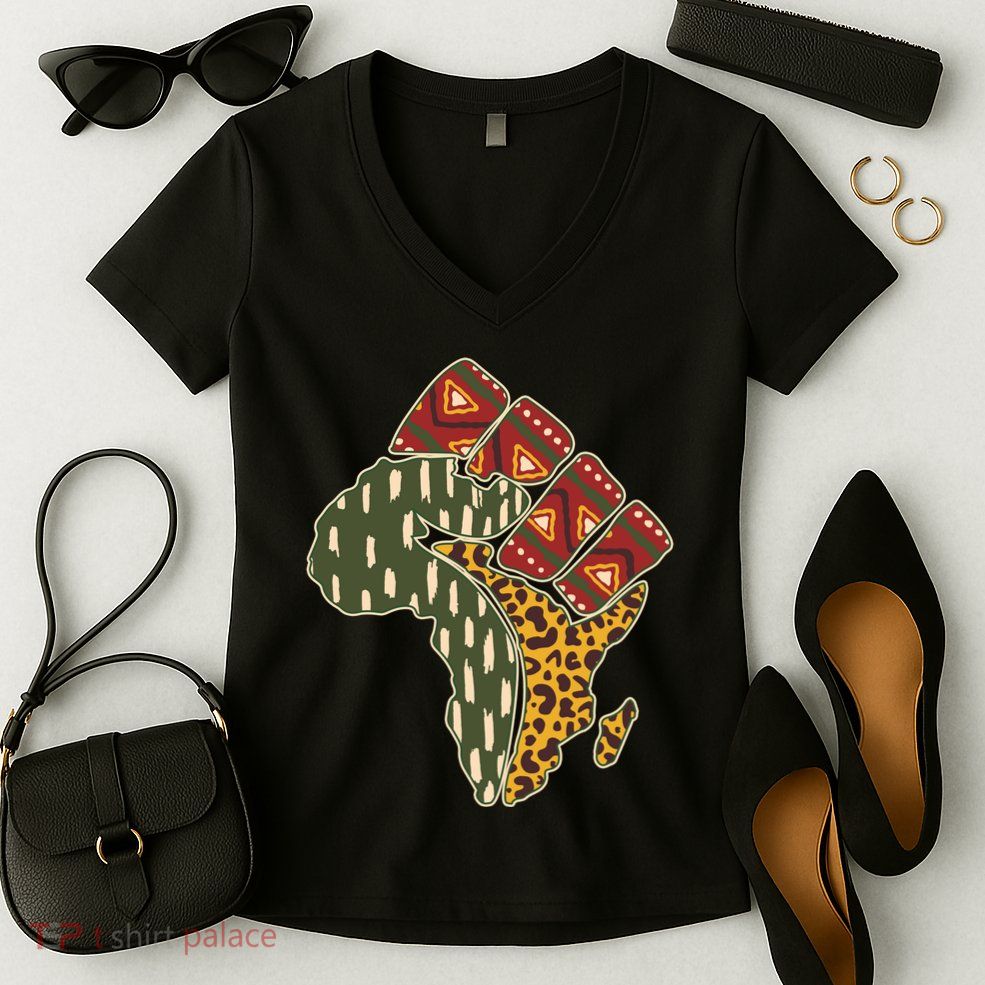 African Patterns Protest Fist Women's V-Neck T-Shirt