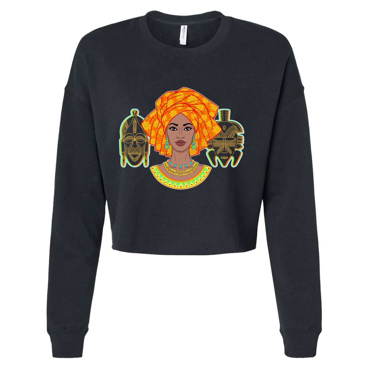 African Woman With Tribal Masks Cropped Pullover Crew