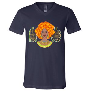 African Woman With Tribal Masks V-Neck T-Shirt