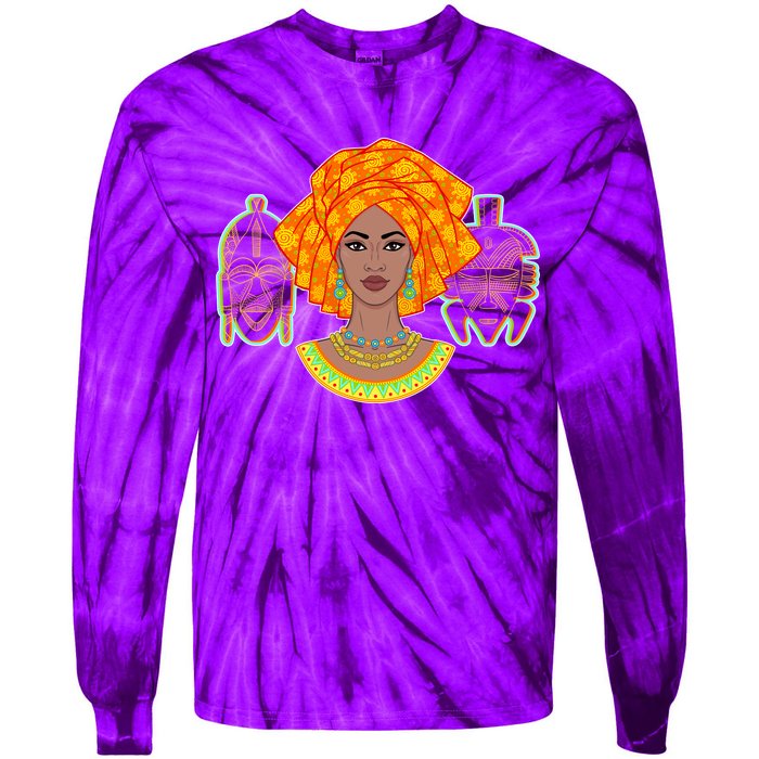 African Woman With Tribal Masks Tie-Dye Long Sleeve Shirt