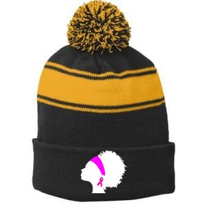 Afro Breast Cancer Awareness Stripe Pom Pom Beanie