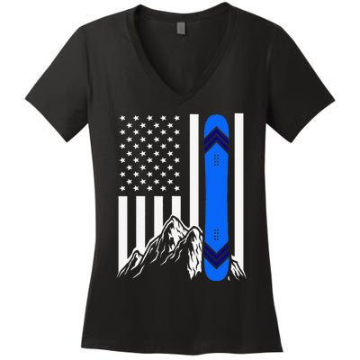 American Flag Snowboarding Gifts Mountain Snowboarder Women's V-Neck T-Shirt