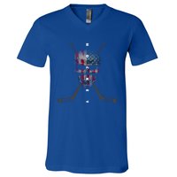 American Flag Skull Hockey Hockey Gift V-Neck T-Shirt