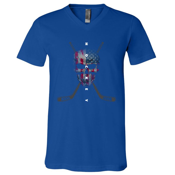 American Flag Skull Hockey Hockey Gift V-Neck T-Shirt