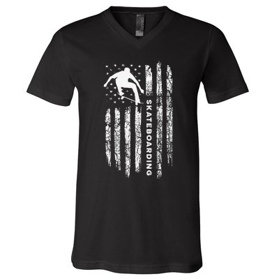 American Flag Skateboard Vintage Skateboarding V-Neck T-Shirt