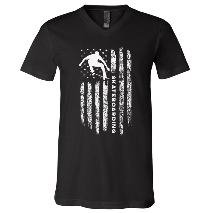 American Flag Skateboard Vintage Skateboarding V-Neck T-Shirt