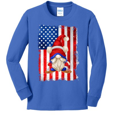 American Flag Ski Dad Graphic Patriotic Gnome Gift Kids Long Sleeve Shirt