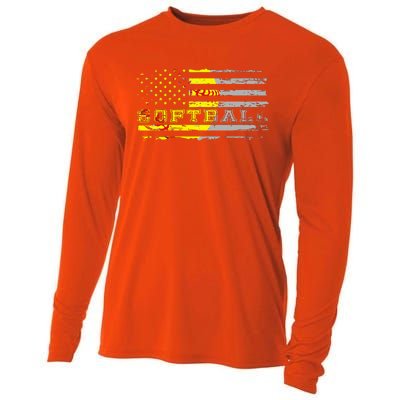 American Flag Softball Fan Team Distressed Gift Cooling Performance Long Sleeve Crew