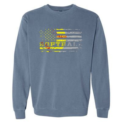 American Flag Softball Fan Team Distressed Gift Garment-Dyed Sweatshirt