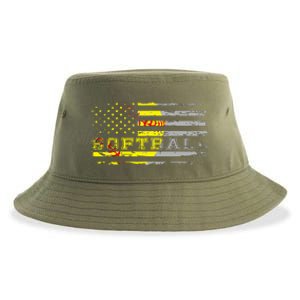 American Flag Softball Fan Team Distressed Gift Sustainable Bucket Hat