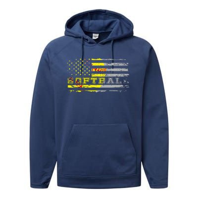 American Flag Softball Fan Team Distressed Gift Performance Fleece Hoodie