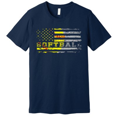 American Flag Softball Fan Team Distressed Gift Premium T-Shirt