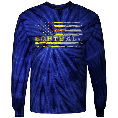 American Flag Softball Fan Team Distressed Gift Tie-Dye Long Sleeve Shirt