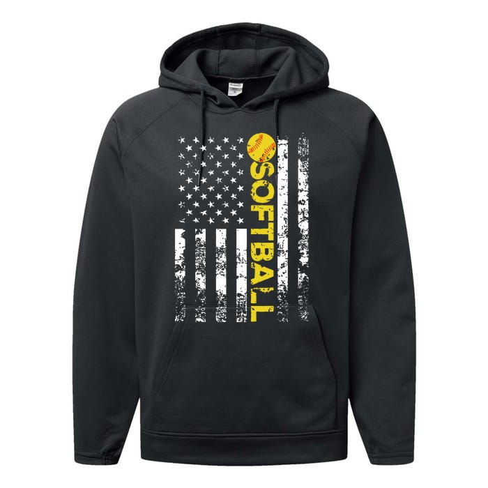 American Flag Softball Team Gift Performance Fleece Hoodie