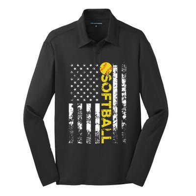 American Flag Softball Team Gift Silk Touch Performance Long Sleeve Polo