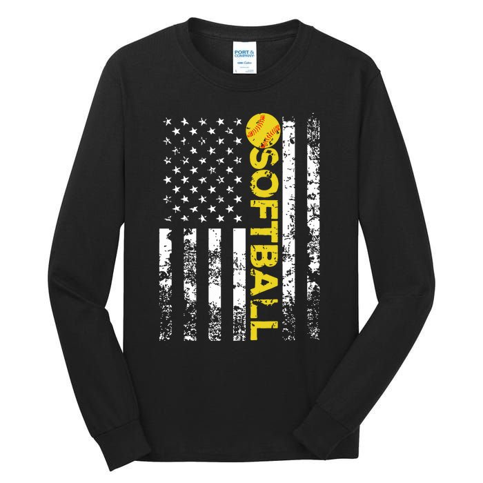 American Flag Softball Team Gift Tall Long Sleeve T-Shirt