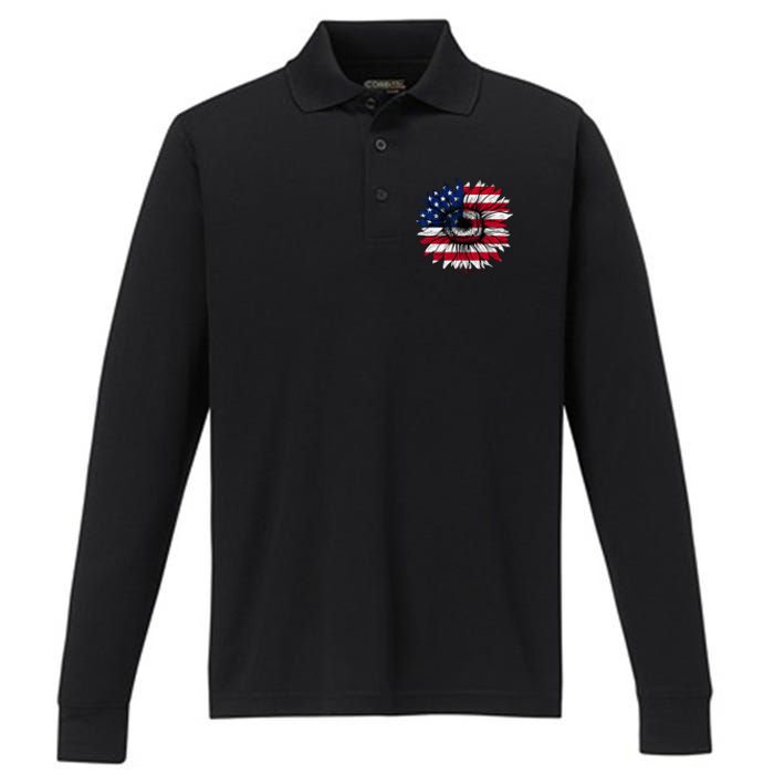 American Flag Sunflower 4th of July Independence USA Day Performance Long Sleeve Polo