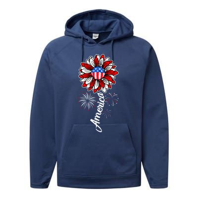 America Flag Sunflower 4th Of July Funny Mom Dad Gift Performance Fleece Hoodie