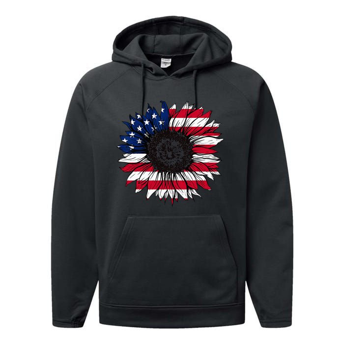 American Flag Sunflower 4th of July Independence USA Day Performance Fleece Hoodie