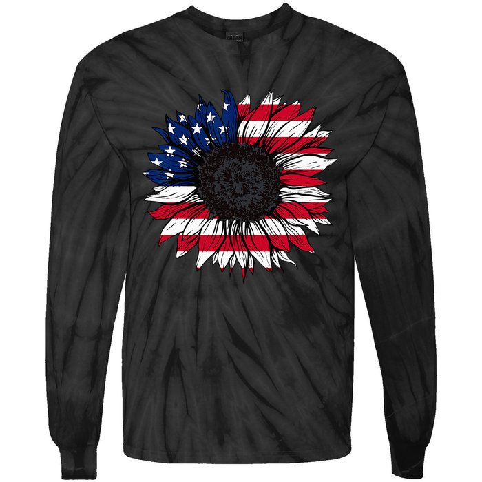 American Flag Sunflower 4th of July Independence USA Day Tie-Dye Long Sleeve Shirt