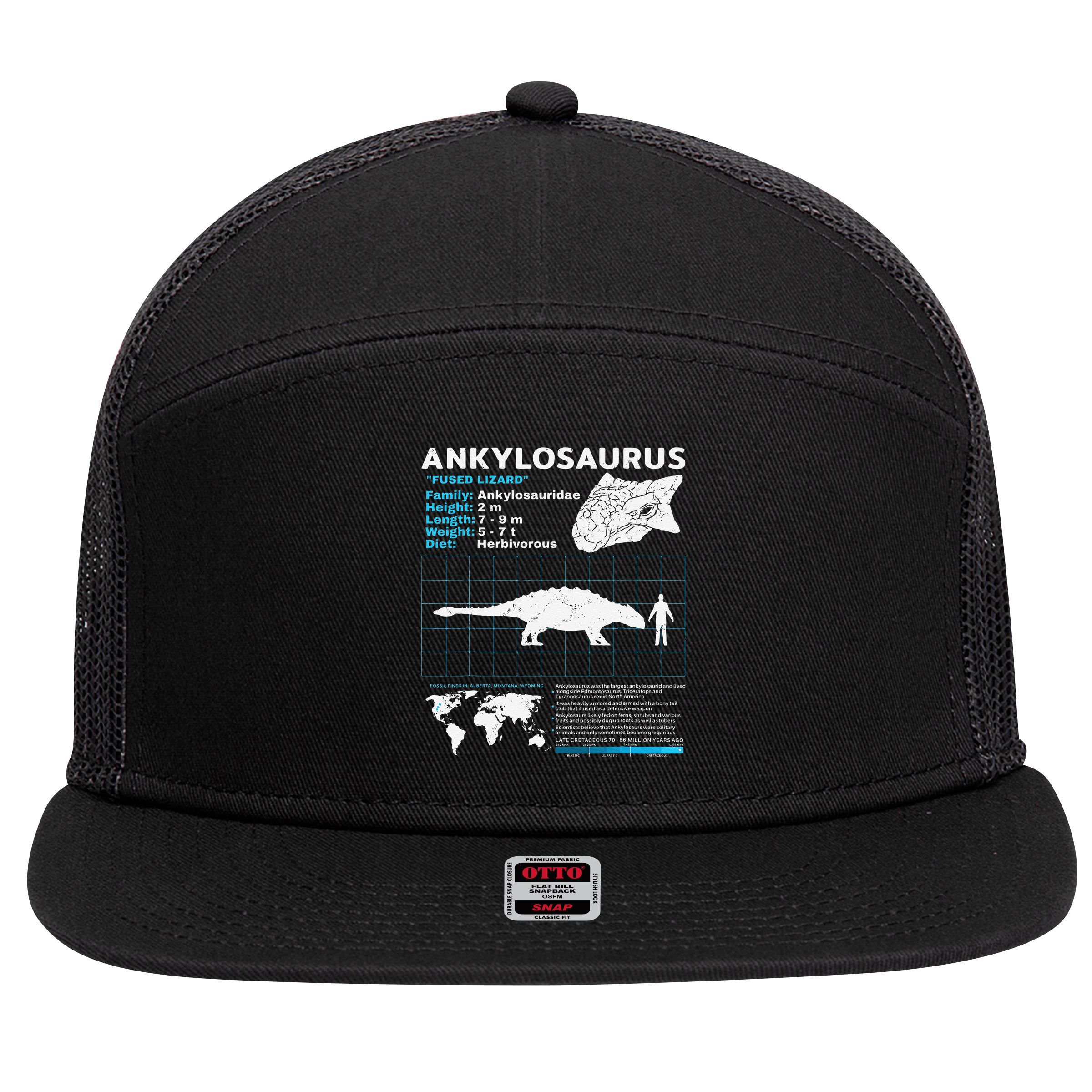 Ankylosaurus fact sheet Dinosaur Facts Gift 7 Panel Mesh Trucker Snapback Hat