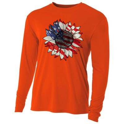 American Flag Sunflower 4th Of July Cooling Performance Long Sleeve Crew