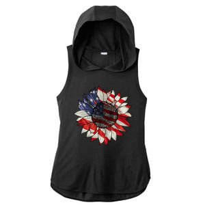 American Flag Sunflower 4th Of July Ladies PosiCharge Tri-Blend Wicking Draft Hoodie Tank