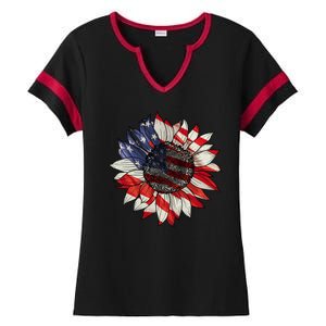 American Flag Sunflower 4th Of July Ladies Halftime Notch Neck Tee