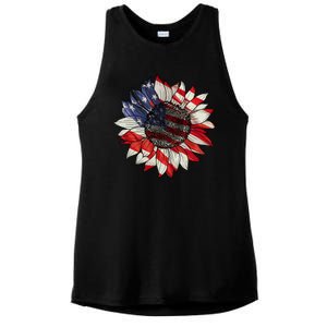 American Flag Sunflower 4th Of July Ladies PosiCharge Tri-Blend Wicking Tank