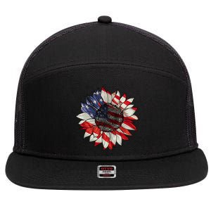 American Flag Sunflower 4th Of July 7 Panel Mesh Trucker Snapback Hat