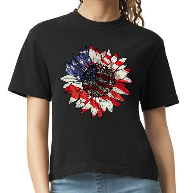 American Flag Sunflower 4th Of July Comfort Colors Boxy T-Shirt