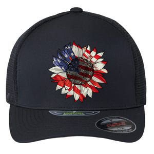 American Flag Sunflower 4th Of July Flexfit Unipanel Trucker Cap