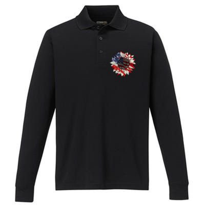 American Flag Sunflower 4th Of July Performance Long Sleeve Polo