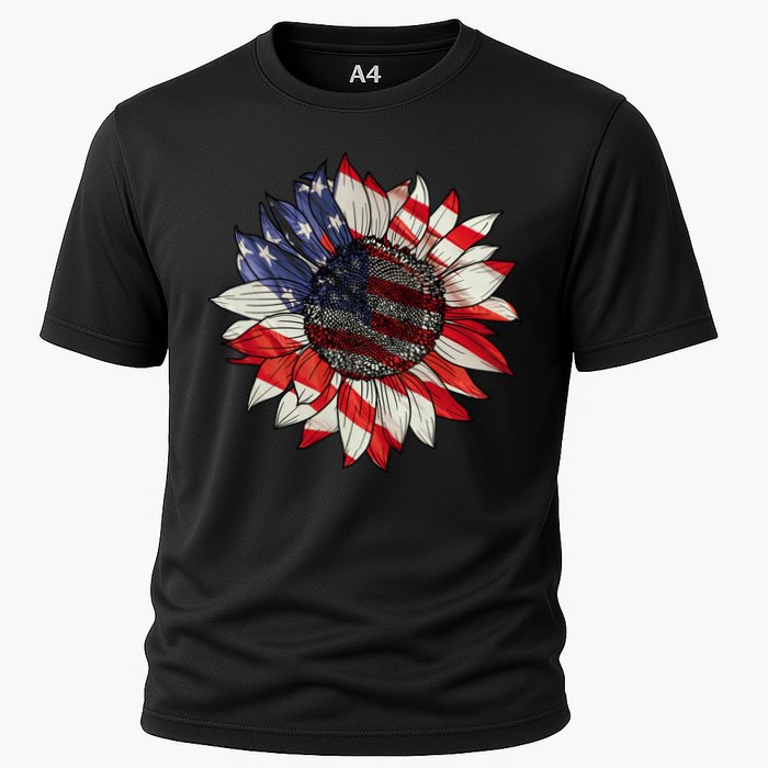American Flag Sunflower 4th Of July Cooling Performance Crew T-Shirt