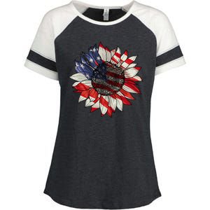 American Flag Sunflower 4th Of July Enza Ladies Jersey Colorblock Tee