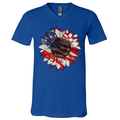 American Flag Sunflower 4th Of July V-Neck T-Shirt