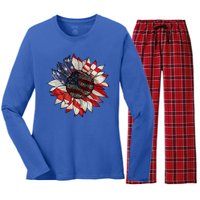 American Flag Sunflower 4th Of July Women's Long Sleeve Flannel Pajama Set 