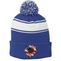 American Flag Sunflower 4th Of July Stripe Pom Pom Beanie