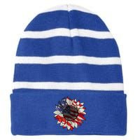 American Flag Sunflower 4th Of July Striped Beanie with Solid Band