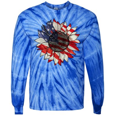 American Flag Sunflower 4th Of July Tie-Dye Long Sleeve Shirt