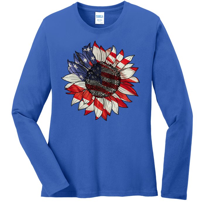 American Flag Sunflower 4th Of July Ladies Long Sleeve Shirt