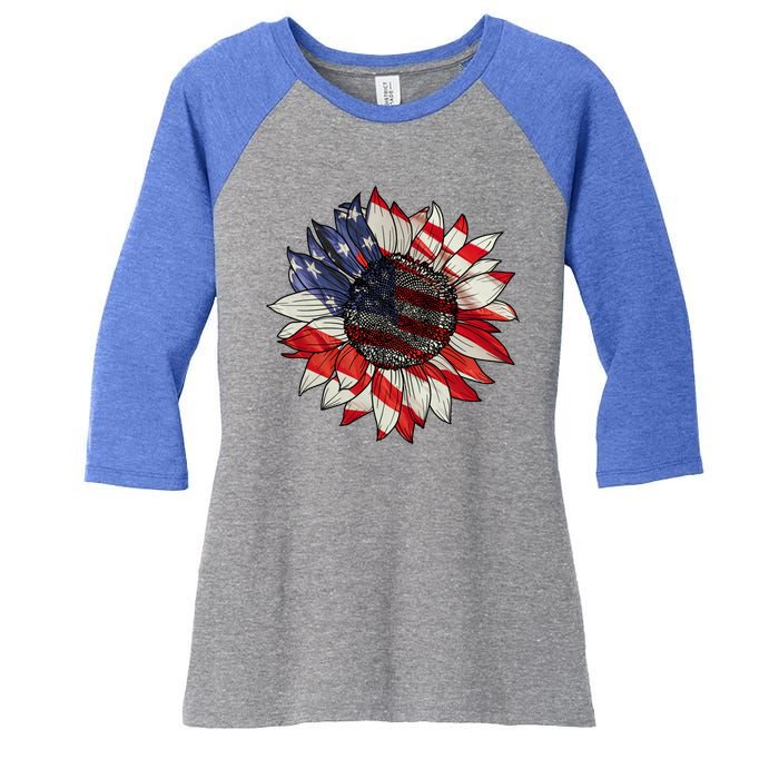 American Flag Sunflower 4th Of July Women's Tri-Blend 3/4-Sleeve Raglan Shirt