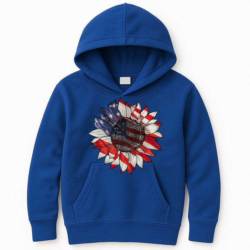 American Flag Sunflower 4th Of July Kids Hoodie