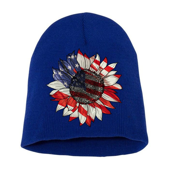 American Flag Sunflower 4th Of July Short Acrylic Beanie