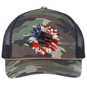 American Flag Sunflower 4th Of July Retro Rope Trucker Hat Cap