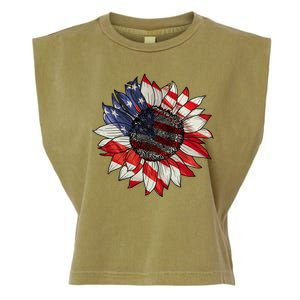 American Flag Sunflower 4th Of July Garment-Dyed Women's Muscle Tee