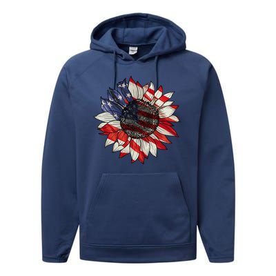 American Flag Sunflower 4th Of July Performance Fleece Hoodie