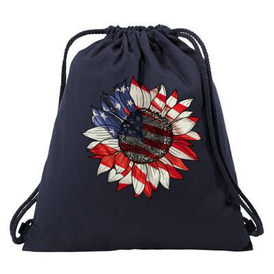 American Flag Sunflower 4th Of July Drawstring Bag