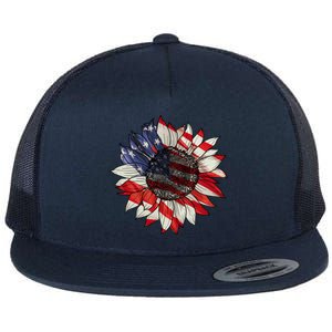 American Flag Sunflower 4th Of July Flat Bill Trucker Hat