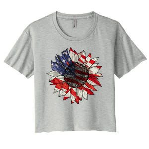 American Flag Sunflower 4th Of July Women's Crop Top Tee